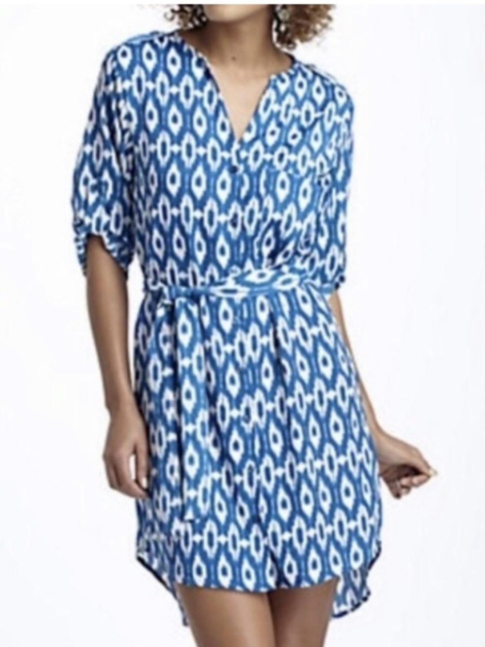 Anthropologie Maeve Printed Shirt Dress Belted Blue White Print Roll Tab Sleeve